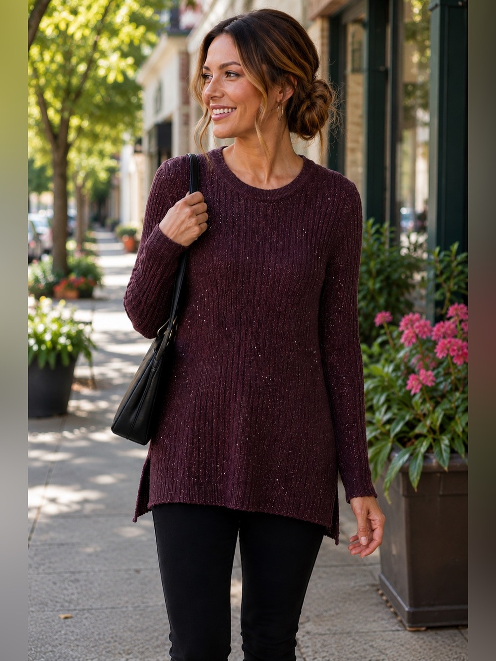 Apt. 9 Wine Burgundy Sequin Shimmer Knit Tunic Sweater Size Small
